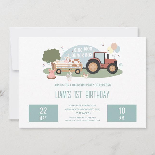 1st Birthday Farm Animals Barnyard Party Boys Invitation (Front)
