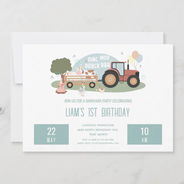 1st Birthday Farm Animals Barnyard Party Boys Invitation | Zazzle
