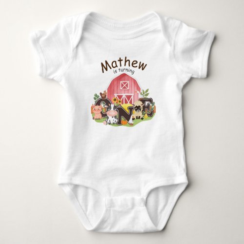 1st Birthday Farm barnyard cute animals Im one   Baby Bodysuit