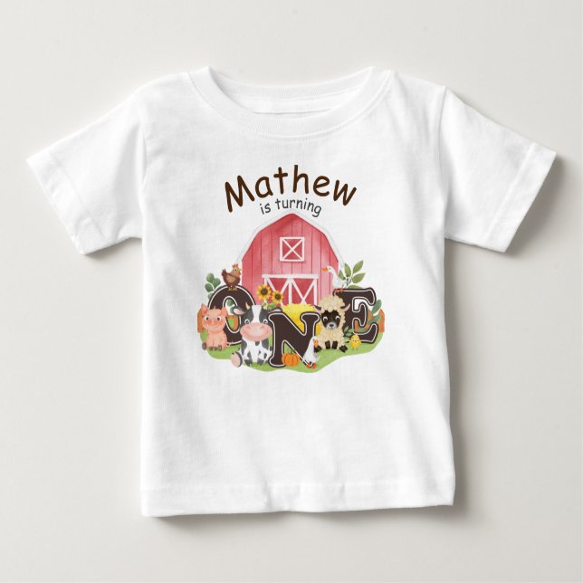 1st Birthday Farm barnyard cute animals, I’m one   Baby T-Shirt (Front)