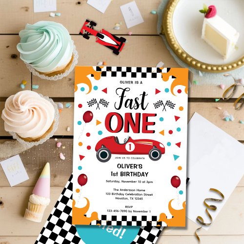 1st Birthday Fast One Racing Car Party Invitation