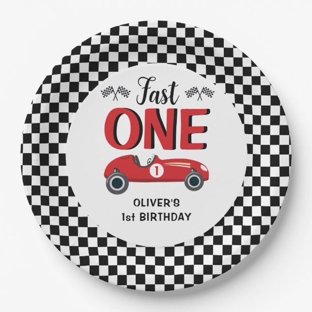1st Birthday Fast One Racing Car Party  Paper Plates (Front)
