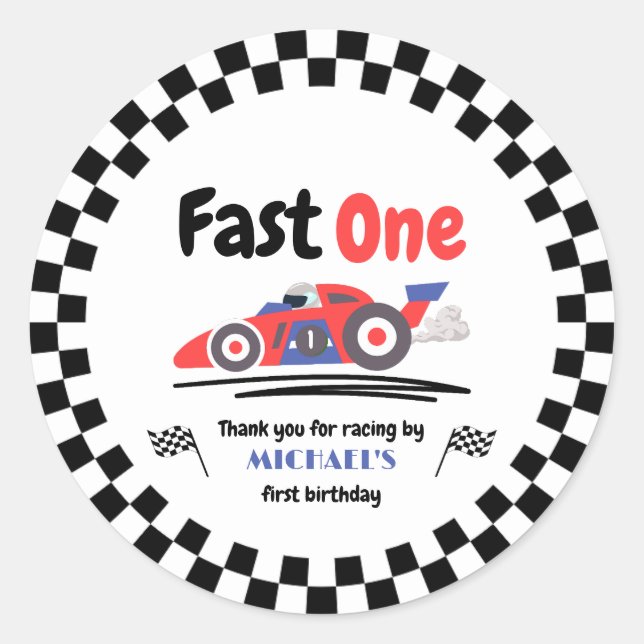 1st Birthday Fast One Red Blue Race Car Classic Round Sticker (Front)