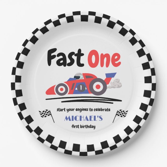 1st Birthday Fast One Red Blue Race Car Paper Plates (Front)