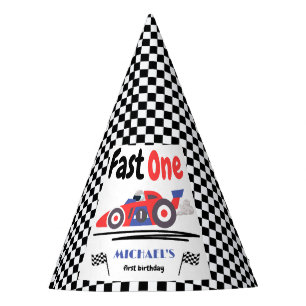 1st Birthday Fast One Red Blue Race Car Party Hat