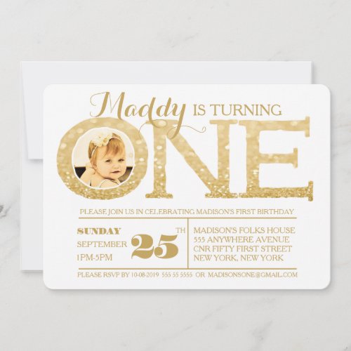 1st Birthday Gold Glitter One Photo Invitation Personalized Invitations