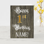 [ Thumbnail: 1st Birthday: Faux Gold Look + Faux Wood Pattern Card ]