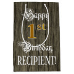 [ Thumbnail: 1st Birthday: Faux Gold Look & Faux Wood Pattern Gift Bag ]