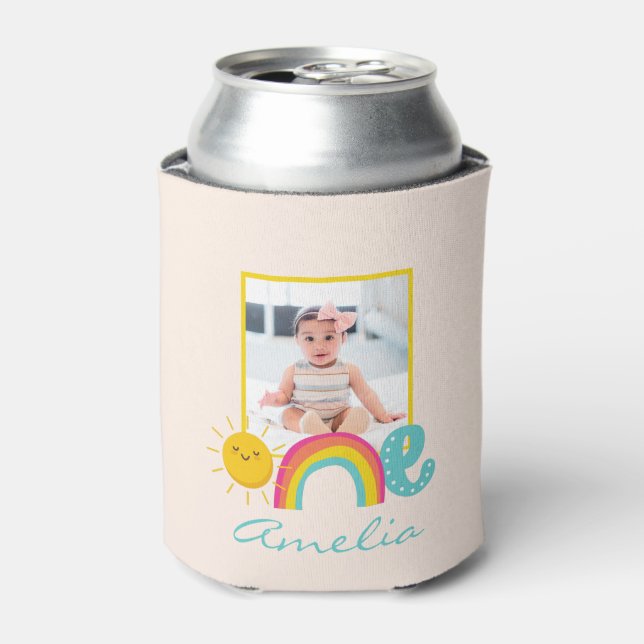 1st Birthday Favor Custom Photo & Name Rainbow One Can Cooler (Can Front)