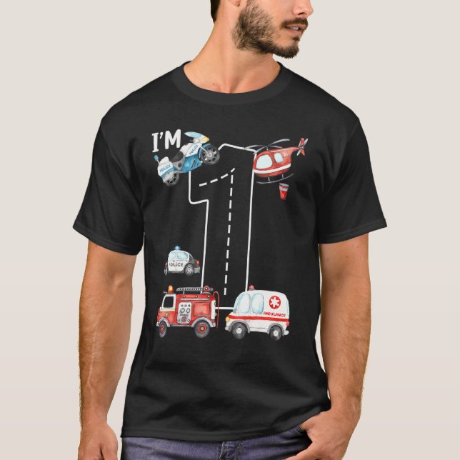 1st Birthday Fire Truck Ambulance Police Car 1 Yea T-Shirt (Front)