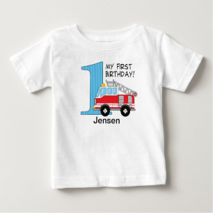 1st Birthday Fire Truck Blue/Red Baby T-Shirt