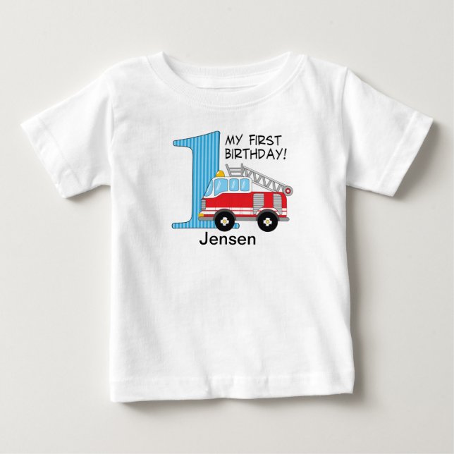 1st Birthday Fire Truck Blue/Red Baby T-Shirt (Front)
