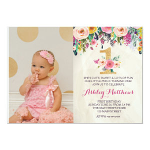 1ST birthday FIRST Beautiful Floral Invitation, Card