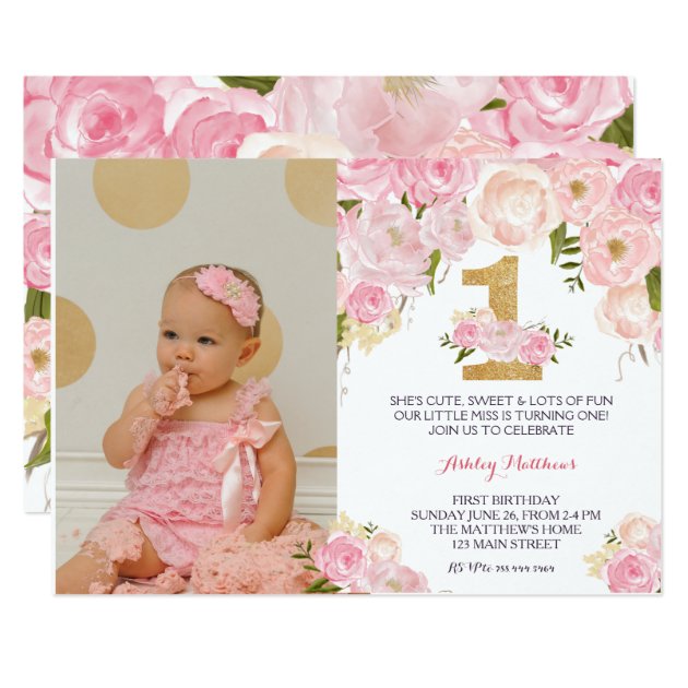 1ST Birthday  FIRST Beautiful Floral Invitation, Card