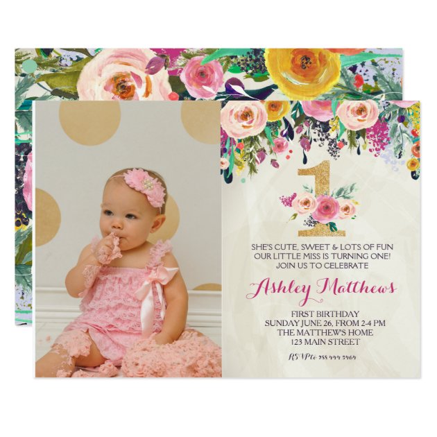 1ST Birthday FIRST Beautiful Floral Invitation, Card