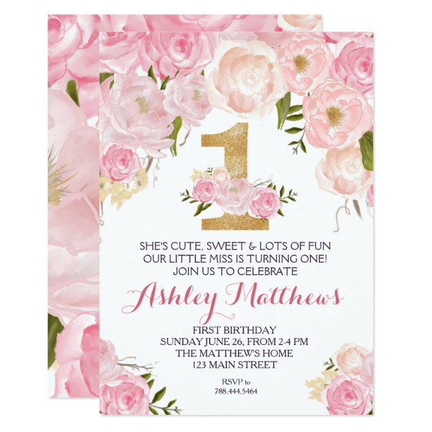 1ST Birthday FIRST Beautiful Floral Invitation, Card