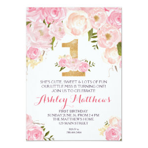 1ST birthday FIRST Beautiful Floral Invitation, Card