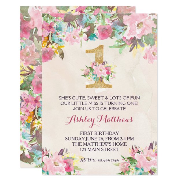 1ST Birthday  FIRST Beautiful Floral Invitation, Card