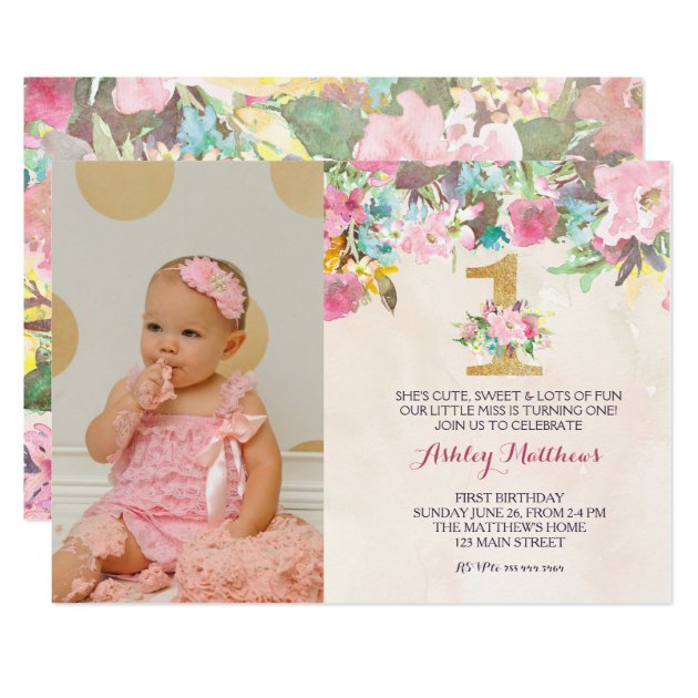 1ST Birthday  FIRST Beautiful Floral Invitation, Card