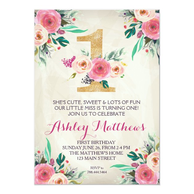 1ST Birthday FIRST Beautiful Floral Invitation, Card