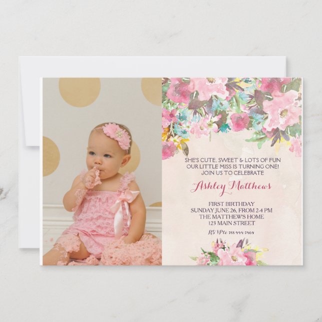 1ST birthday  FIRST Beautiful Floral Invitation, Invitation (Front)