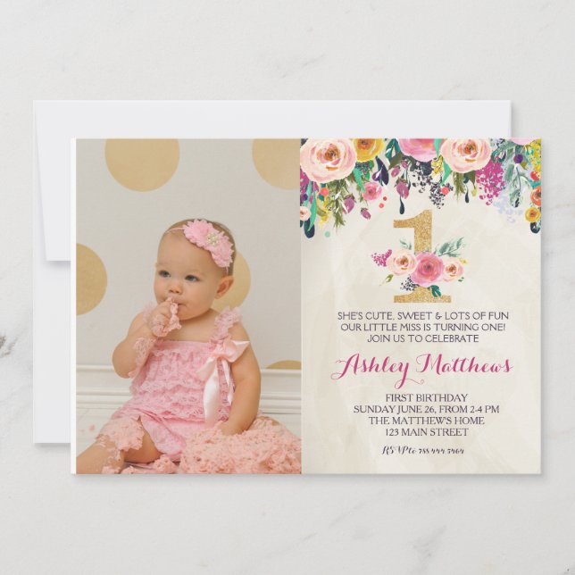 1ST birthday FIRST Beautiful Floral Invitation, Invitation (Front)