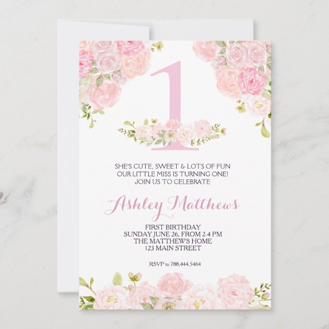 1ST birthday FIRST Beautiful Floral Invitation, Invitation (Front)