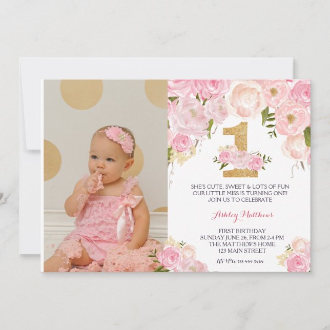 1ST birthday  FIRST Beautiful Floral Invitation, Invitation (Front)