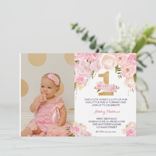 1st Birthday First Beautiful Floral Invitation, Invitation 