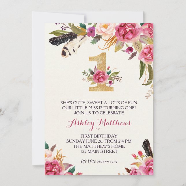 1ST birthday  FIRST Beautiful Floral Invitation, Invitation (Front)