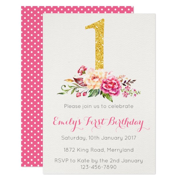 1st Birthday First Pink Gold Floral Invitation
