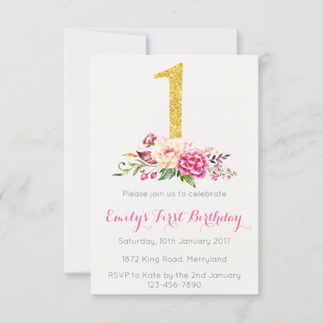1st Birthday First Pink Gold Floral Invitation (Front)