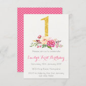 1st Birthday First Pink Gold Floral Invitation (Front/Back)