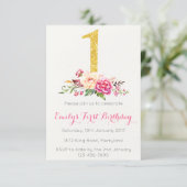 1st Birthday First Pink Gold Floral Invitation (Standing Front)