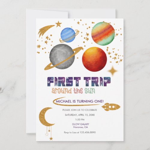 1st Birthday  First Trip Around The Sun  Galaxy  Invitation