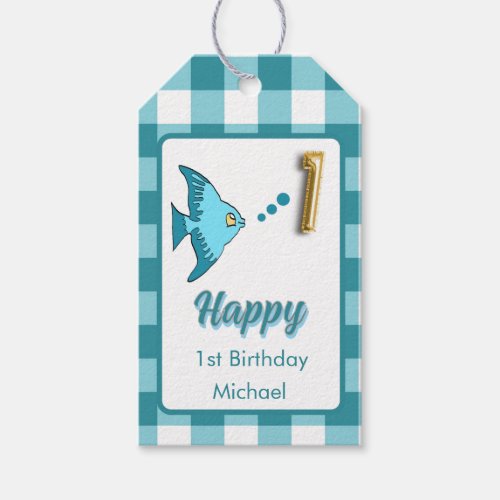1st Birthday Fish Teal Gingham Party Favor Gift Tags