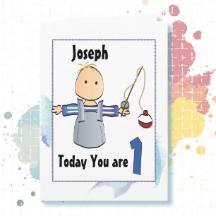 1st Birthday Fishing Little Boy Cartoon Fish Cute Card
