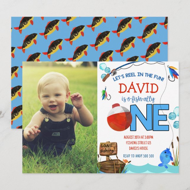 1st Birthday Fishing Themed O-Fish-Ally ONE Invitation (Front/Back)