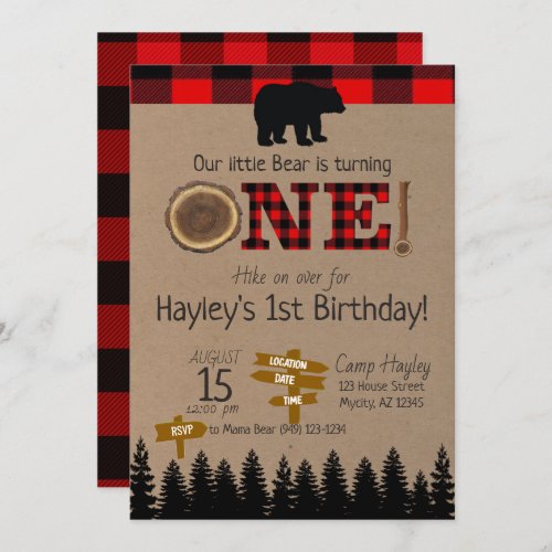 1st Birthday Flannel Little Bear Theme Birthday Invitation