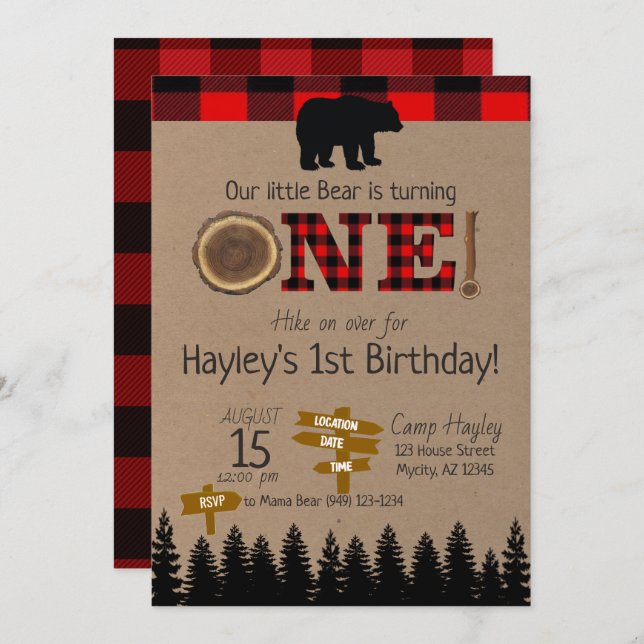 1st Birthday Flannel Little Bear Theme Birthday Invitation (Front/Back)