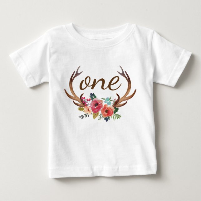 1st Birthday Floral Deer Horn Personalized-10 Baby T-Shirt (Front)