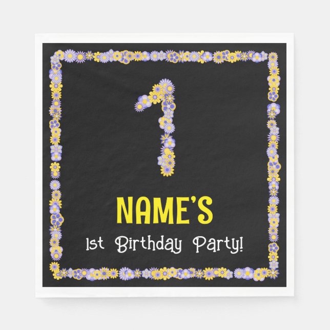 1st Birthday: Floral Flowers Number, Custom Name Napkins (Front)