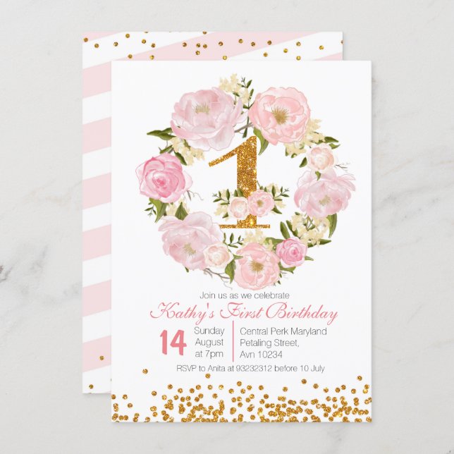 1st Birthday Floral girl Invitation Card (Front/Back)