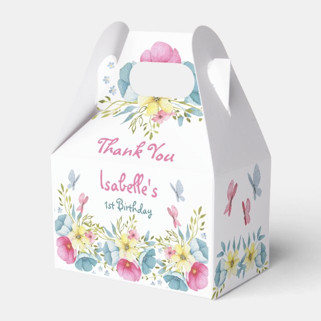 1st Birthday Floral Pink Blue Butterflies Favor Boxes (Front Side)