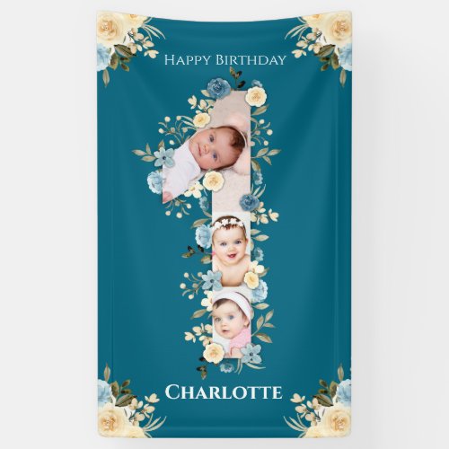 1st Birthday Flower Teal Photo Collage Blue Yellow Banner