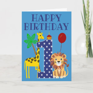 1st Birthday for Boy with Giraffe and Lion Card