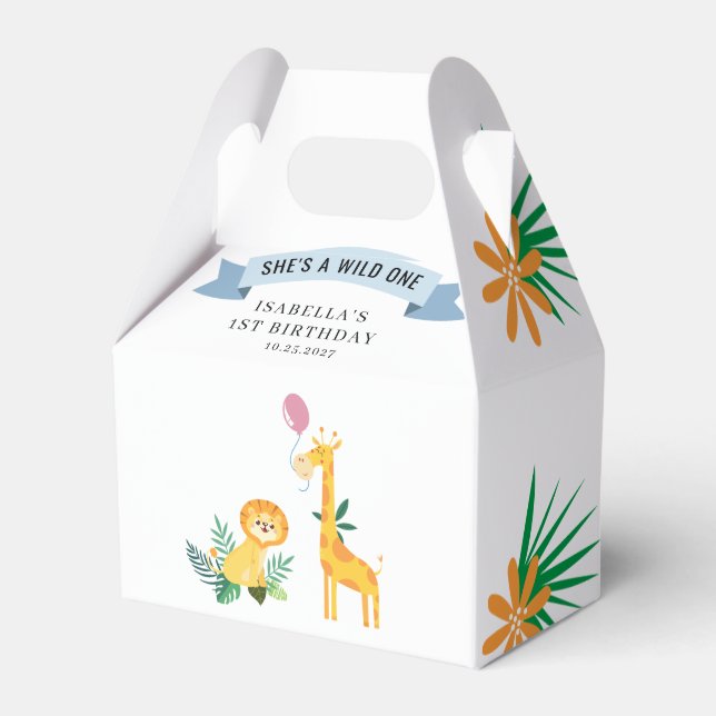 1st Birthday Forest Animals Lion Giraffe Favor Boxes (Front Side)