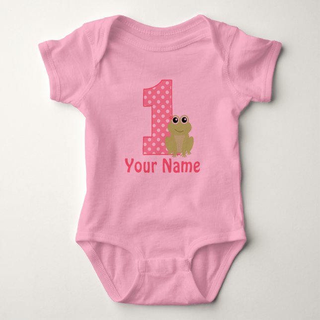 1st Birthday Frog Pink Personalized Baby Bodysuit (Front)