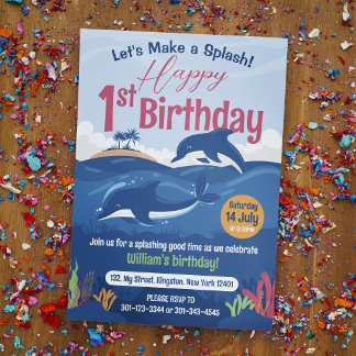1st Birthday Fun and Colorful Dolphins Celebration Invitation