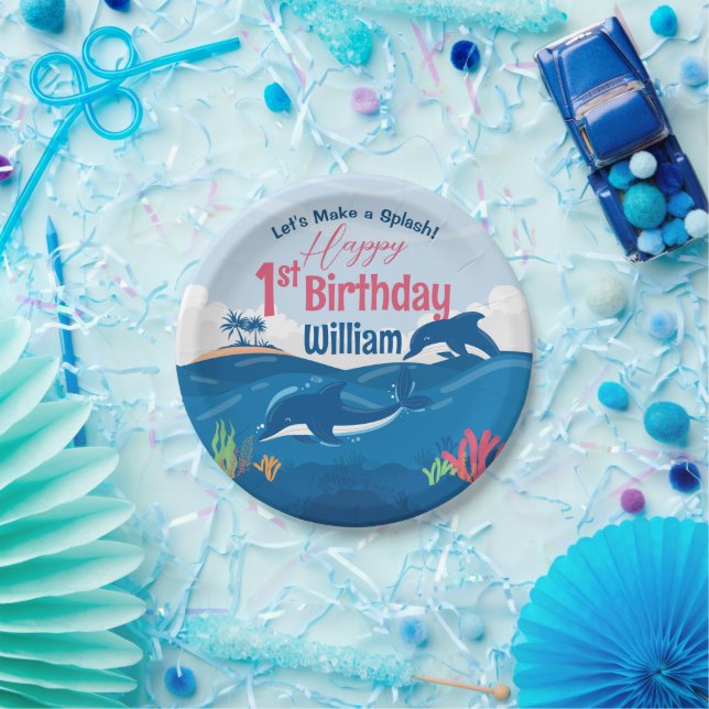 1st Birthday Fun and Colorful Dolphins Celebration Paper Plates (Party)